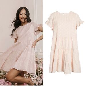 Rachel parcell tiered ruffle sleeve dress xs baby pink white polka dot